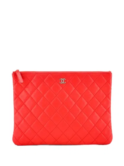 Pre-owned Chanel O Case Quilted Lambskin Medium Clutch Bag In Orange