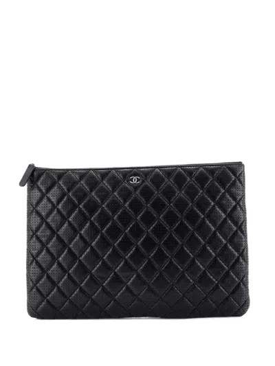 Pre-owned Chanel O Case Quilted Perforated Lambskin Large Clutch Bag In Black