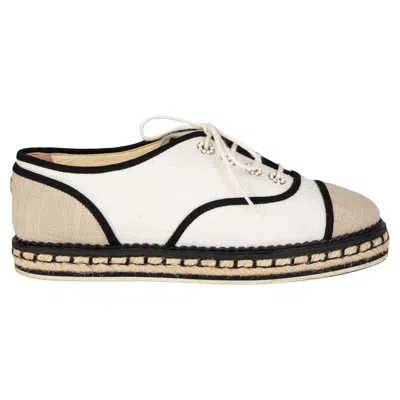 Pre-owned Chanel Oatmeal Ivory Canvas Lace Up Espadrilles Flats Shoes 37 In White