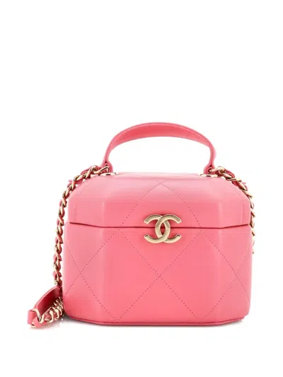 Pre-owned Chanel Octagon Top Handle Vanity Case Quilted Lambskin Small Pouch In Pink
