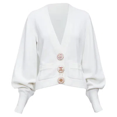 Pre-owned Chanel Off Cashmere Blend Cc Crystal Buttons Cardigan In White