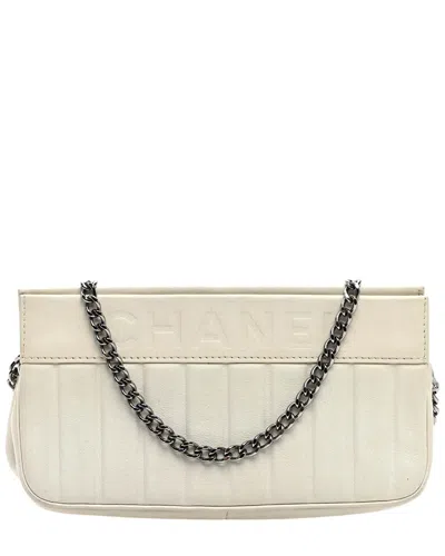 Pre-owned Chanel Off White Calfskin Leather Vertical Quilted Lax Clutch With Chain  (authentic Pre-loved)