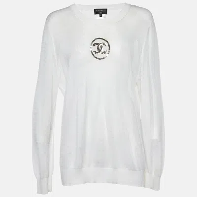 Pre-owned Chanel Off-white Knit Sequin Logo Detail Full Sleeve Sweater L