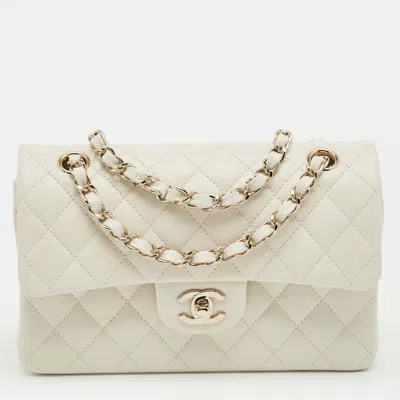 Pre-owned Chanel Off White Quilted Caviar Leather Small Classic Double Flap Bag