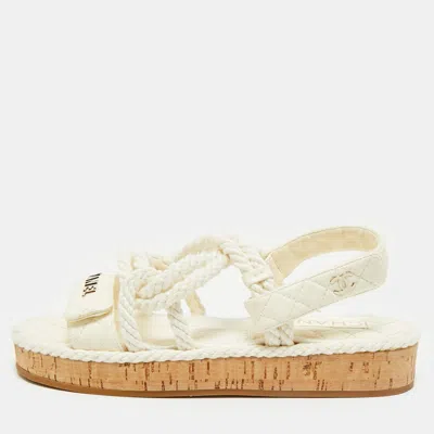 Pre-owned Chanel Off White Quilted Leather And Cord Flat Sandals Size 37
