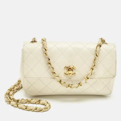 Pre-owned Chanel Off White Quilted Satin Vintage Flap Bag