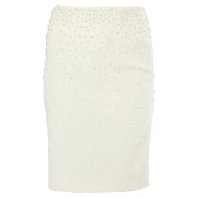 Pre-owned Chanel Off-white Wool Blend Pearl Embellished Pencil Skirt 38 S In Sand