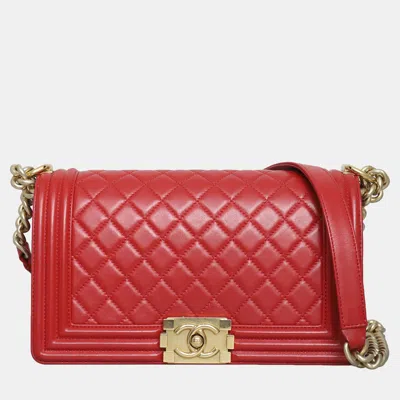 Pre-owned Chanel Old Medium Lambskin Boy Bag In Red