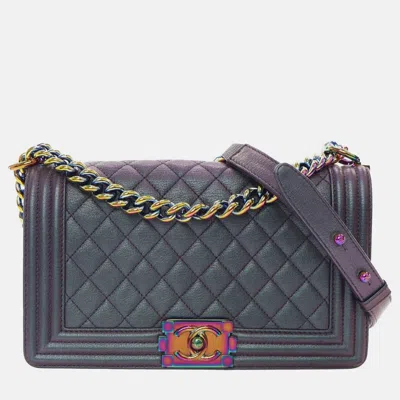 Pre-owned Chanel Old Medium Quilted Iridescent Goatskin Boy Flap In Purple