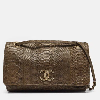 Pre-owned Chanel Olive Green Python Paris-byzance Flap Bag