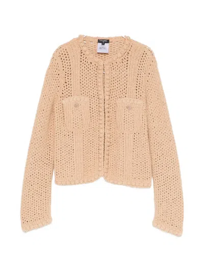 Pre-owned Chanel Open-knit Patch-pocket Cardigan In Neutrals