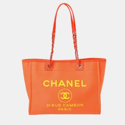 Pre-owned Chanel Orange Canvas Deauville Mm Tote Bag