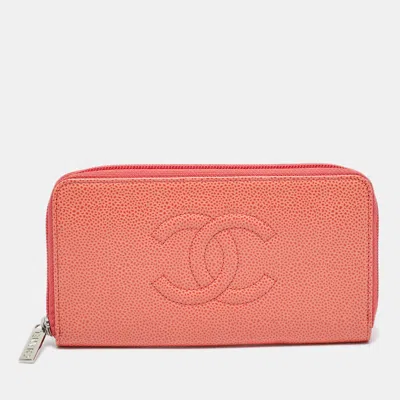 Pre-owned Chanel Orange Caviar Leather Cc Zip Around Wallet