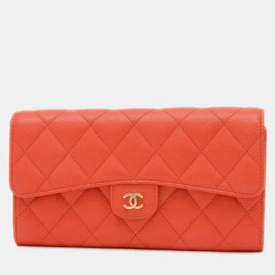 Pre-owned Chanel Orange Caviar Matelasse Long Flap Wallet