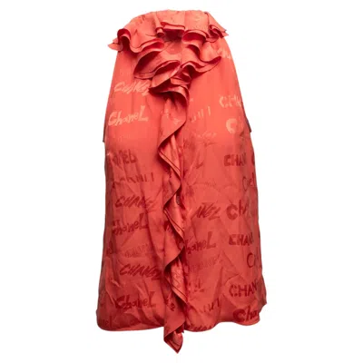 Pre-owned Chanel Orange  Silk Spellout Sleeveless Ruffle Top Size Fr 38