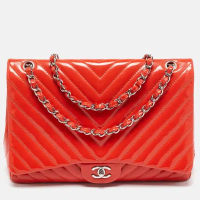 Pre-owned Chanel Orange Chevron Patent Leather Maxi Classic Single Flap Bag
