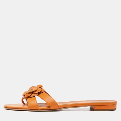 Pre-owned Chanel Orange Leather Camellia Open Toe Flat Slides Size 41