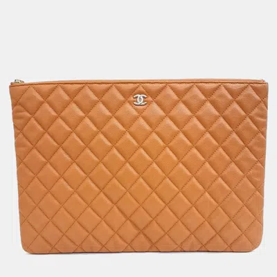 Pre-owned Chanel Orange Leather Caviar Large Clutch