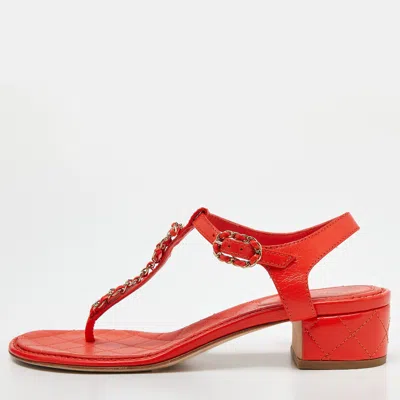 Pre-owned Chanel Orange Leather T-strap Flat Thong Slingback Sandals Size 39