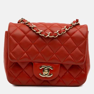 Pre-owned Chanel Orange Mini Square Classic Lambskin Single Flap