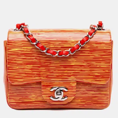Pre-owned Chanel Orange Mini Square Classic Patent Striped Single Flap Bag