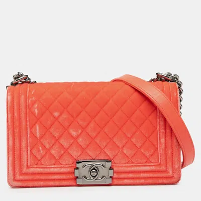 Pre-owned Chanel Orange Old Medium Quilted Velvet Boy Flap