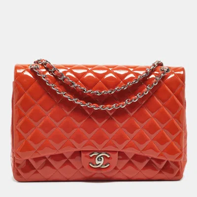 Pre-owned Chanel Orange Patent Leather Maxi Classic Double Flap Bag