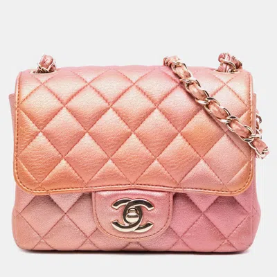 Pre-owned Chanel Orange Pink Mini Square Iridescent Calfskin Flap