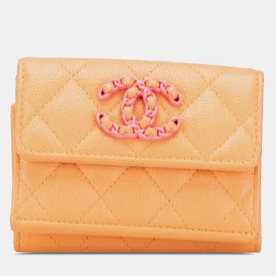 Pre-owned Chanel Orange Quilted Caviar 19 Compact Flap Wallet