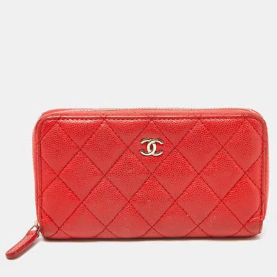Pre-owned Chanel Orange Quilted Caviar Leather Zip Around Wallet