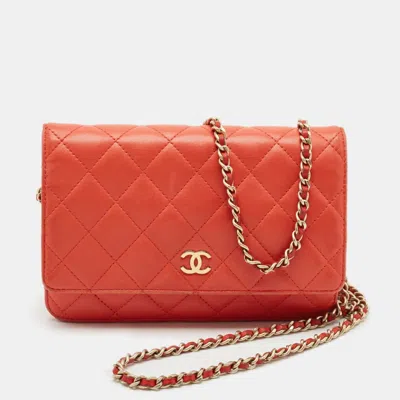 Pre-owned Chanel Orange Quilted Leather Cc Wallet On Chain