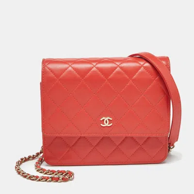 Pre-owned Chanel Orange Quilted Leather Classic Wallet On Chain