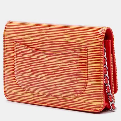 Pre-owned Chanel Orange Red Patent Striped Wallet On Chain