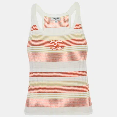 Pre-owned Chanel Orange /yellow Logo Embroidered Rib Knit Tank Top S