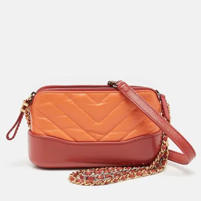 Pre-owned Chanel Orange/red Quilted Leather Gabrielle Double Zip Chain Clutch