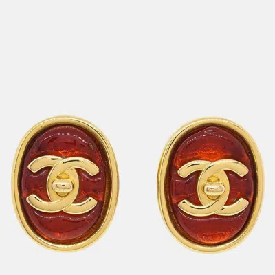 Pre-owned Chanel Oval Turnlock Gripoix Earrings Clip-on Red