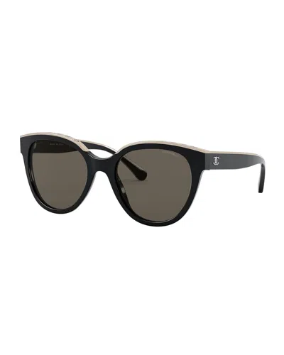 Chanel Oversized Round Acetate Polarized Sunglasses, Tortoiseshell In Black