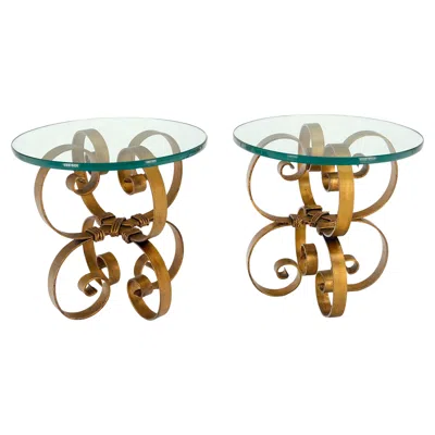 Pre-owned Chanel Pair Italian Think 3/4" Glass Top Gold Gilt Scrolls Shape Bases End Tables Stand