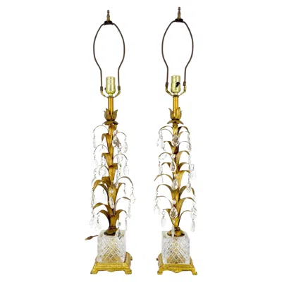 Pre-owned Chanel Pair Of Cut Glass Bases Italian Tole Lamps With Gilt Leaves And Crystals In Sand
