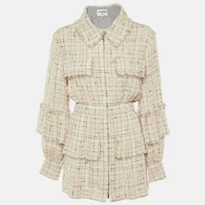 Pre-owned Chanel Pale Pink Tweed Zip Up Mini Dress M