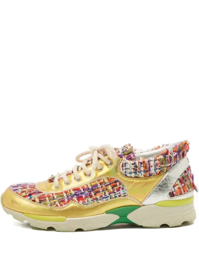 Pre-owned Chanel Panelled Tweed Sneakers In Yellow