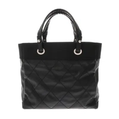 Pre-owned Chanel Paris Biarritz Black Canvas Leather Tote Bag ()
