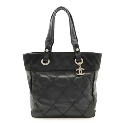 Pre-owned Chanel Paris Biarritz Black Coated Canvas Leather Shoulder Bag Tote Bag ()