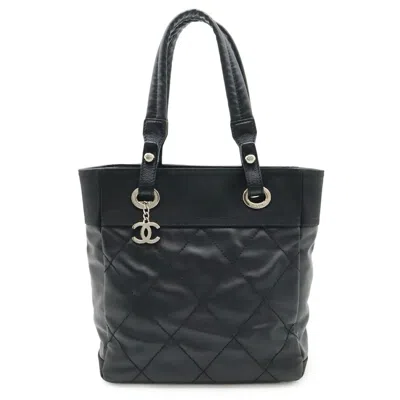 Pre-owned Chanel Paris Biarritz Black Coated Canvas Leather Shoulder Bag Tote Bag ()