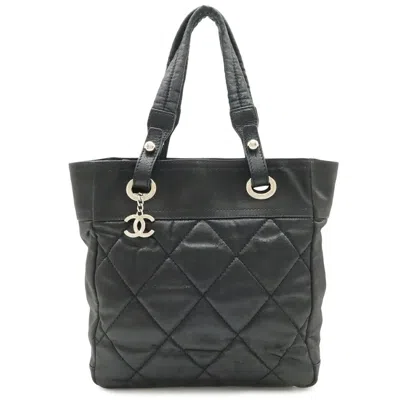 Pre-owned Chanel Paris Biarritz Black Coated Canvas Leather Shoulder Bag Tote Bag ()