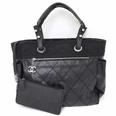 Pre-owned Chanel Paris Biarritz Black Coated Canvas Leather Shoulder Bag Tote Bag ()