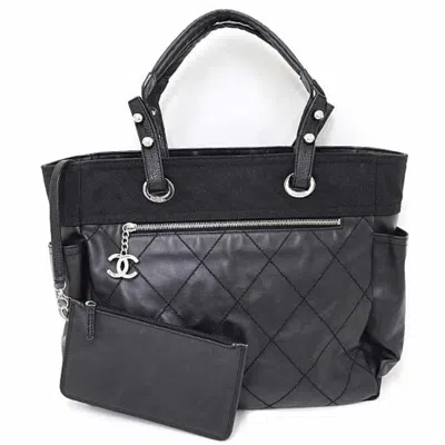 Pre-owned Chanel Paris Biarritz Black Coated Canvas Leather Shoulder Bag Tote Bag ()