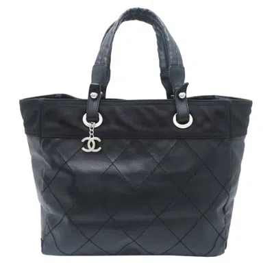 Pre-owned Chanel Paris Biarritz Black Coated Canvas Leather Tote Bag ()