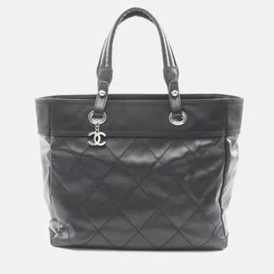 Pre-owned Chanel Paris Biarritz Black Quilted Coated Canvas Tote Bag