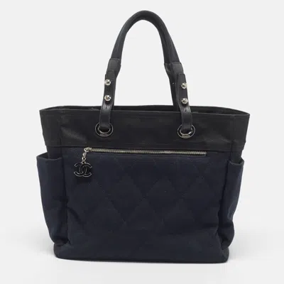 Pre-owned Chanel Paris Biarritz Grand Navy Blue/black Quilted Canvas And Nylon Shopping Tote